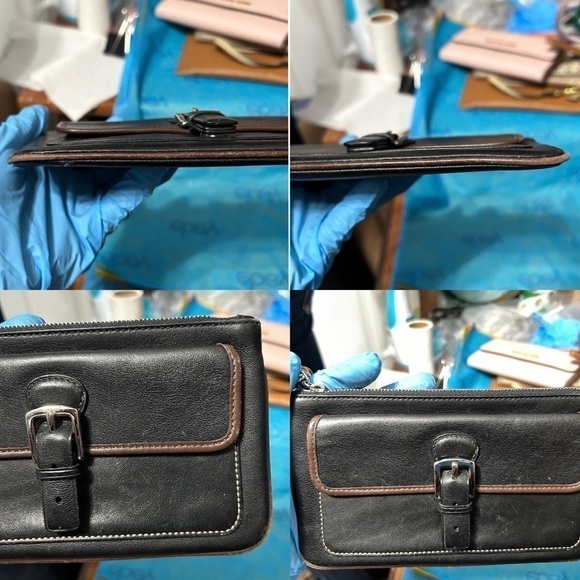 Vintage Coach Black Leather Brown Trim Snap Closure Wristlet - “Shelly” - Picture 5 of 14